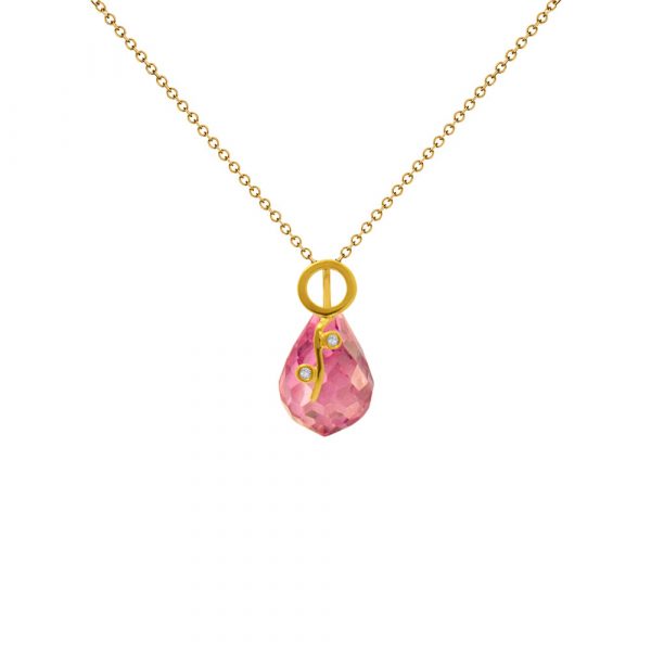 Μενταγιόν Κ18 χρυσό με Pink Quartz και διαμάντια - M318469PQ