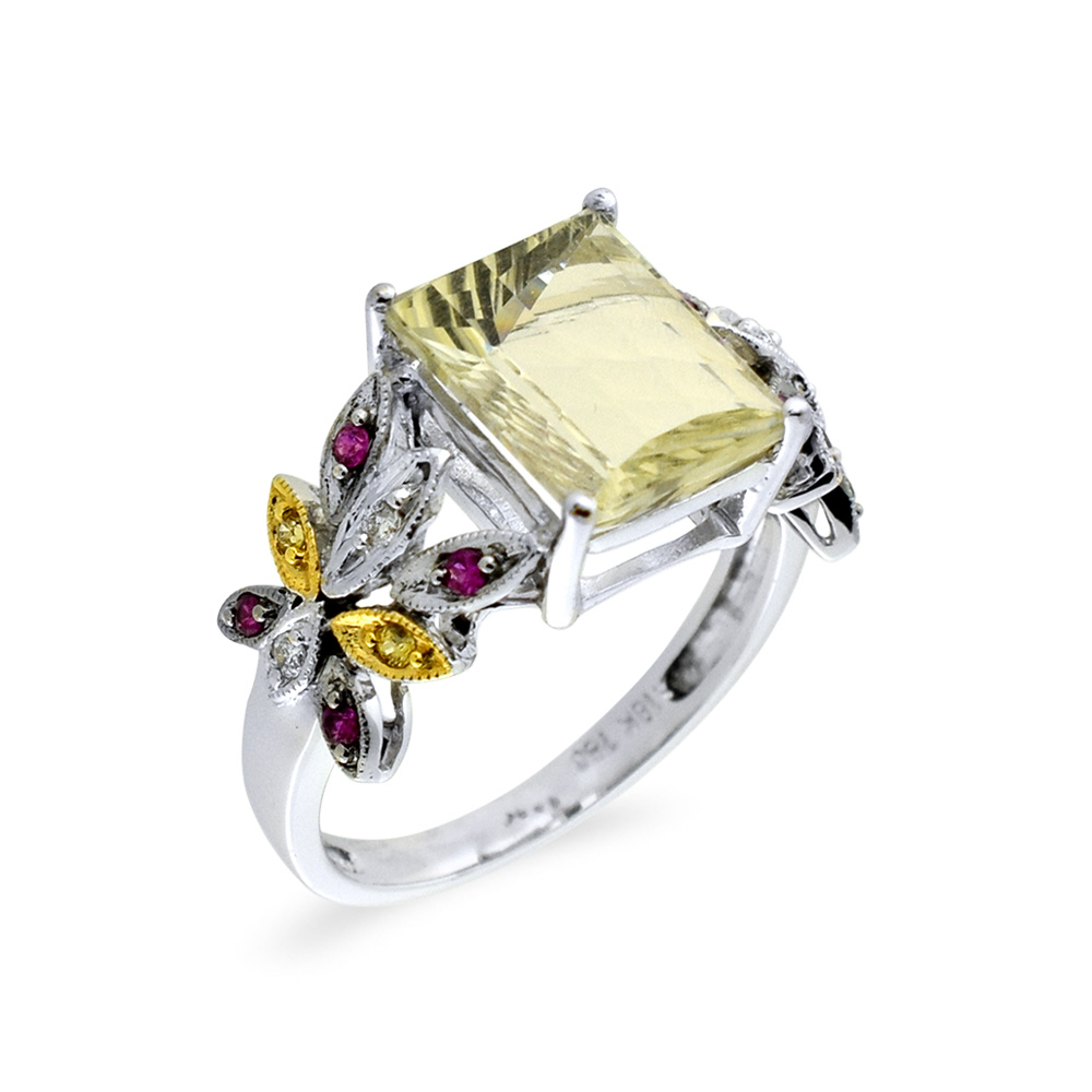 Δαχτυλίδι με Lemon Quartz, ζαφείρια και διαμάντια σε λευκόχρυσο Κ18 - M309458