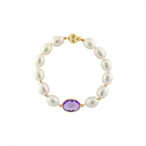 Βραχιόλι με Κ14 χρυσά στοιχεία μαργαριτάρια 9,0x11,0mm Αμέθυστο - M123166A