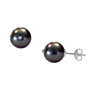 Σκουλαρίκια με μαύρα μαργαριτάρια σε χρυσή βάση Κ18 και διαμάντια - M123008B